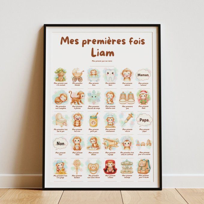 Affiche mes premières fois personnalisable thème Bébé Singe