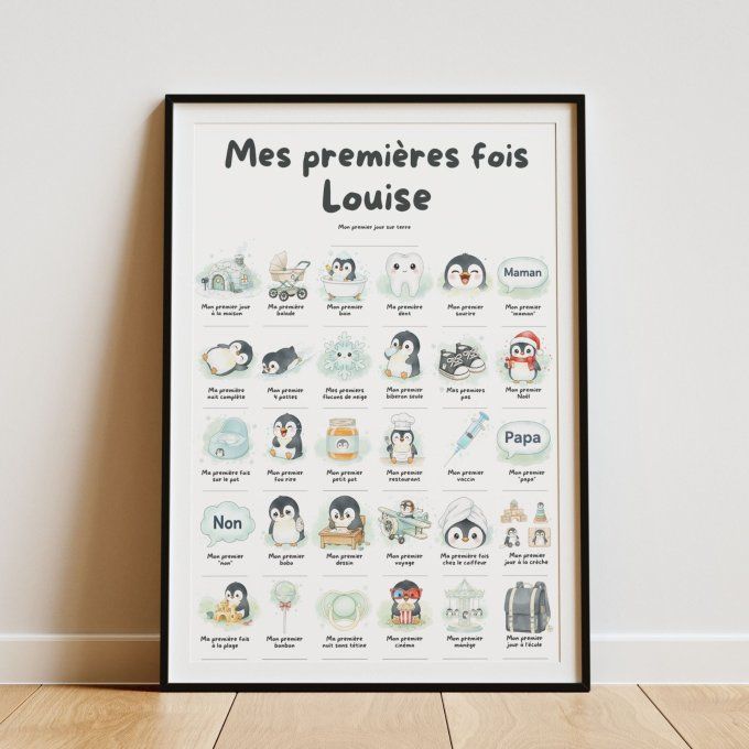 Affiche mes premières fois personnalisable thème Bébé Pingouin