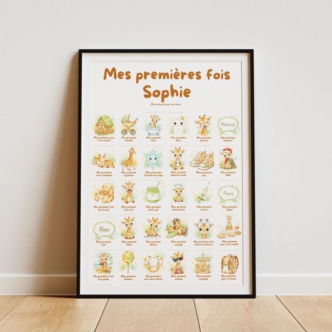 Affiche mes premières fois personnalisable Bébé Girafe