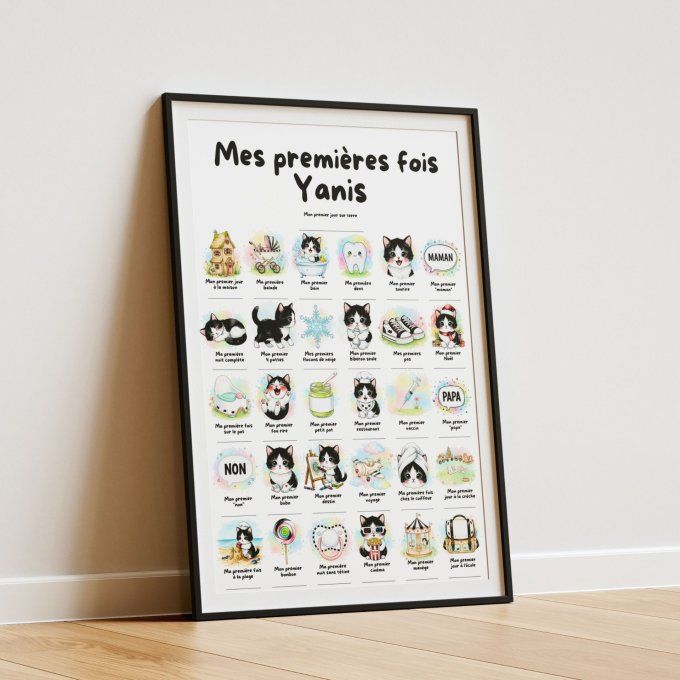 Affiche mes premières fois personnalisable Chat Noir et Blanc