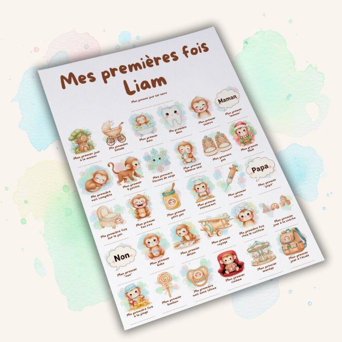 Affiche mes premières fois personnalisable thème Bébé Singe