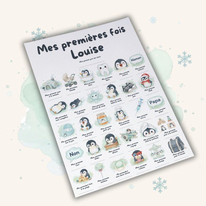 Affiche mes premières fois personnalisable thème Bébé Pingouin