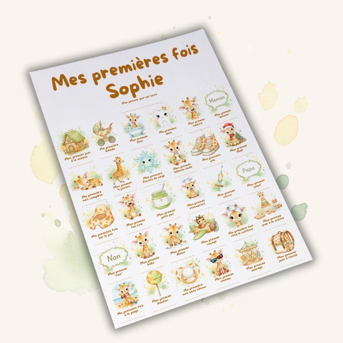 Affiche mes premières fois personnalisable Bébé Girafe