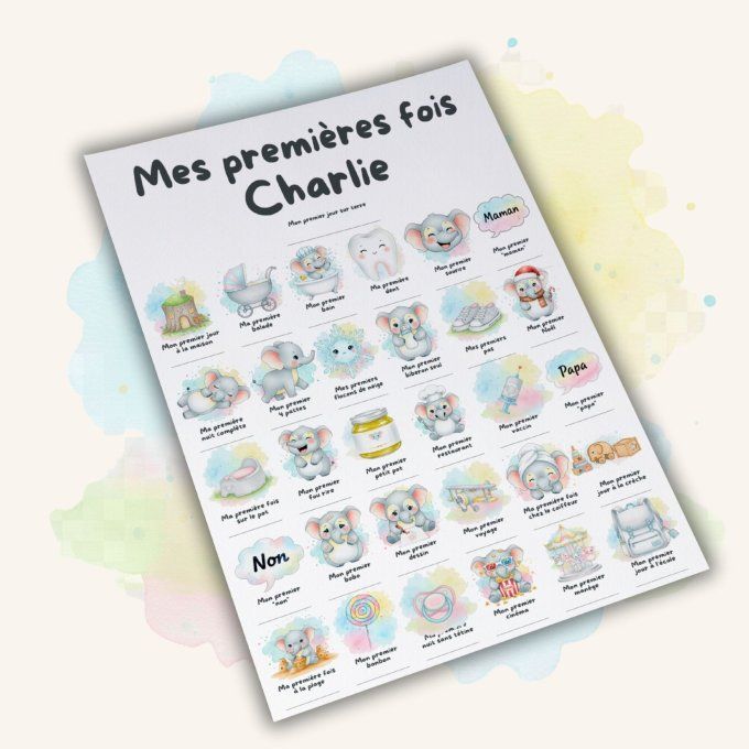 Affiche mes premières fois personnalisable Bébé Éléphant