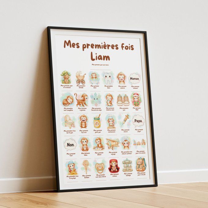 Affiche mes premières fois personnalisable thème Bébé Singe