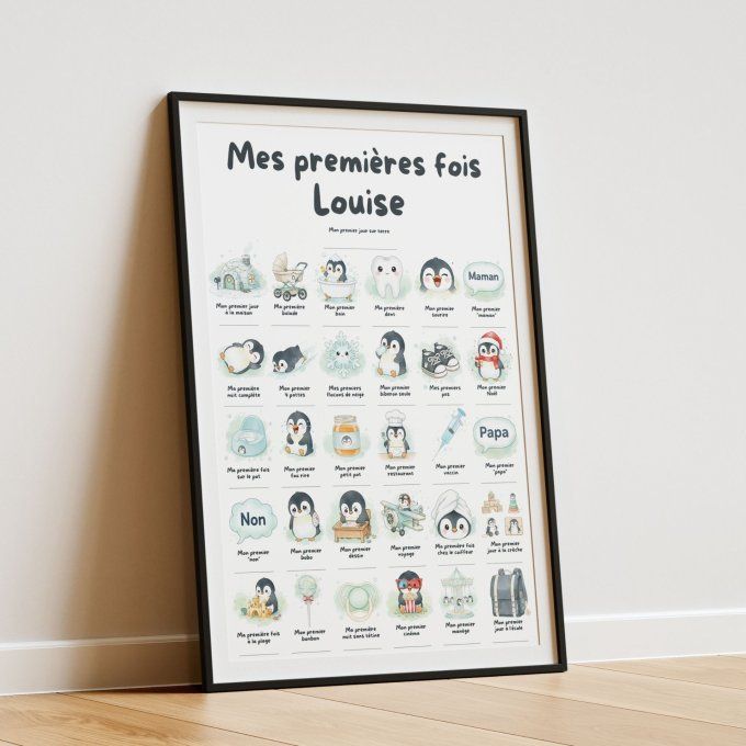 Affiche mes premières fois personnalisable thème Bébé Pingouin