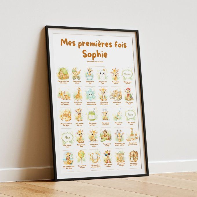 Affiche mes premières fois personnalisable Bébé Girafe
