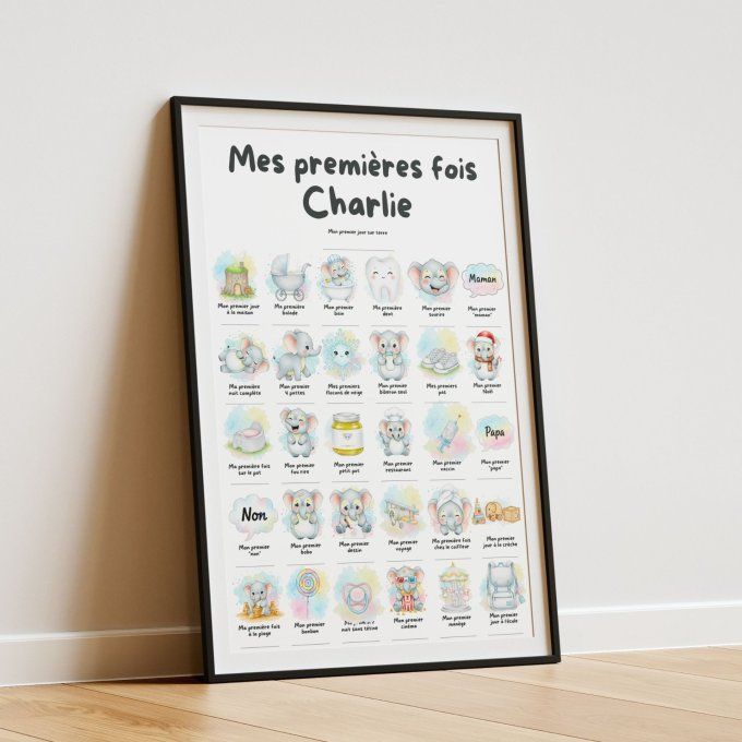 Affiche mes premières fois personnalisable Bébé Éléphant