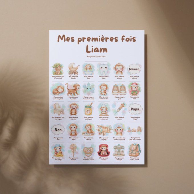 Affiche mes premières fois personnalisable thème Bébé Singe