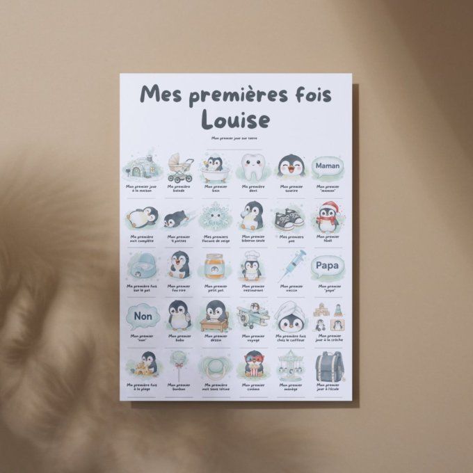 Affiche mes premières fois personnalisable thème Bébé Pingouin