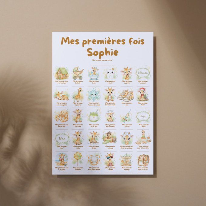 Affiche mes premières fois personnalisable Bébé Girafe